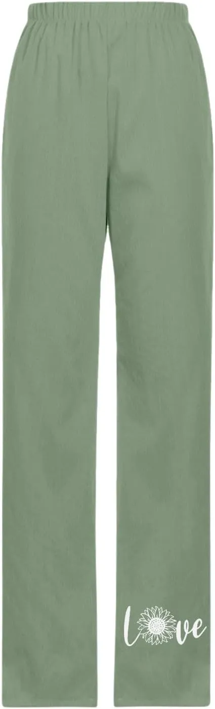 Linen Pants for Women, Summer Boho Elastic Waist Palazzo Trousers, Casual Loose Fit Travel Vacation Beach Pants