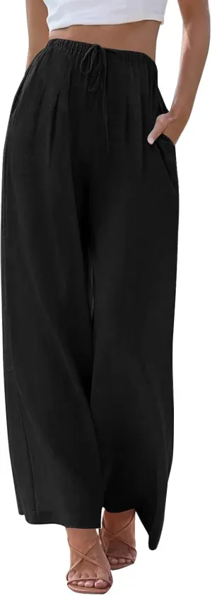 Linen Pants Women Drawstring High Waist Wide Leg Pants Long Palazzo Gauze Pant with Pockets Beach Travel Vacation Outfits