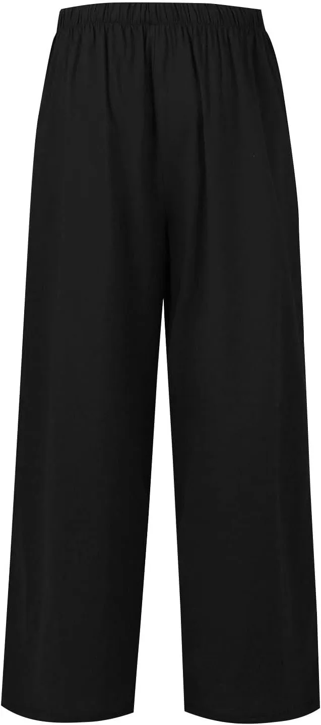 Linen Pants Women Drawstring High Waist Wide Leg Pants Long Palazzo Gauze Pant with Pockets Beach Travel Vacation Outfits