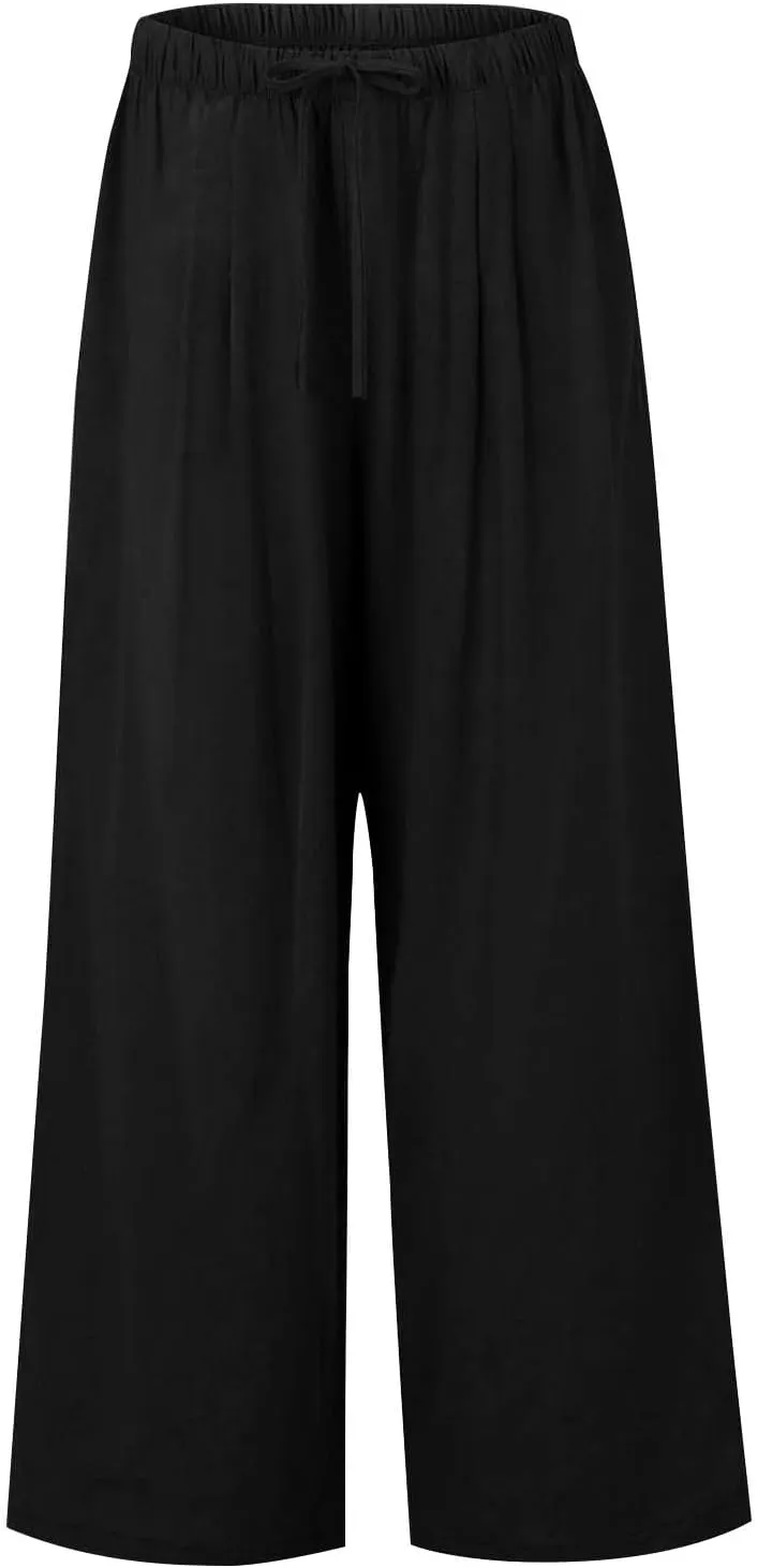 Linen Pants Women Drawstring High Waist Wide Leg Pants Long Palazzo Gauze Pant with Pockets Beach Travel Vacation Outfits