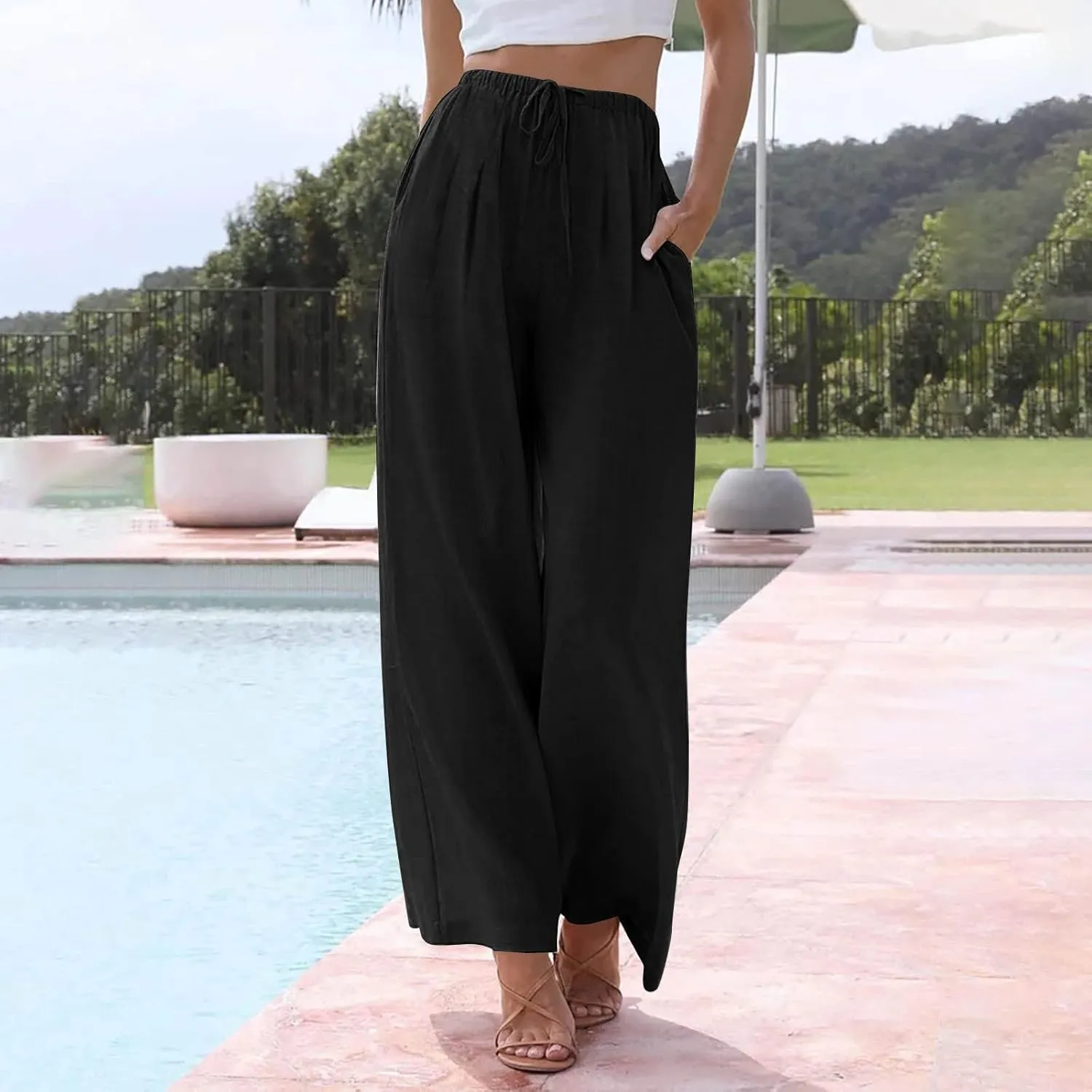 Linen Pants Women Drawstring High Waist Wide Leg Pants Long Palazzo Gauze Pant with Pockets Beach Travel Vacation Outfits