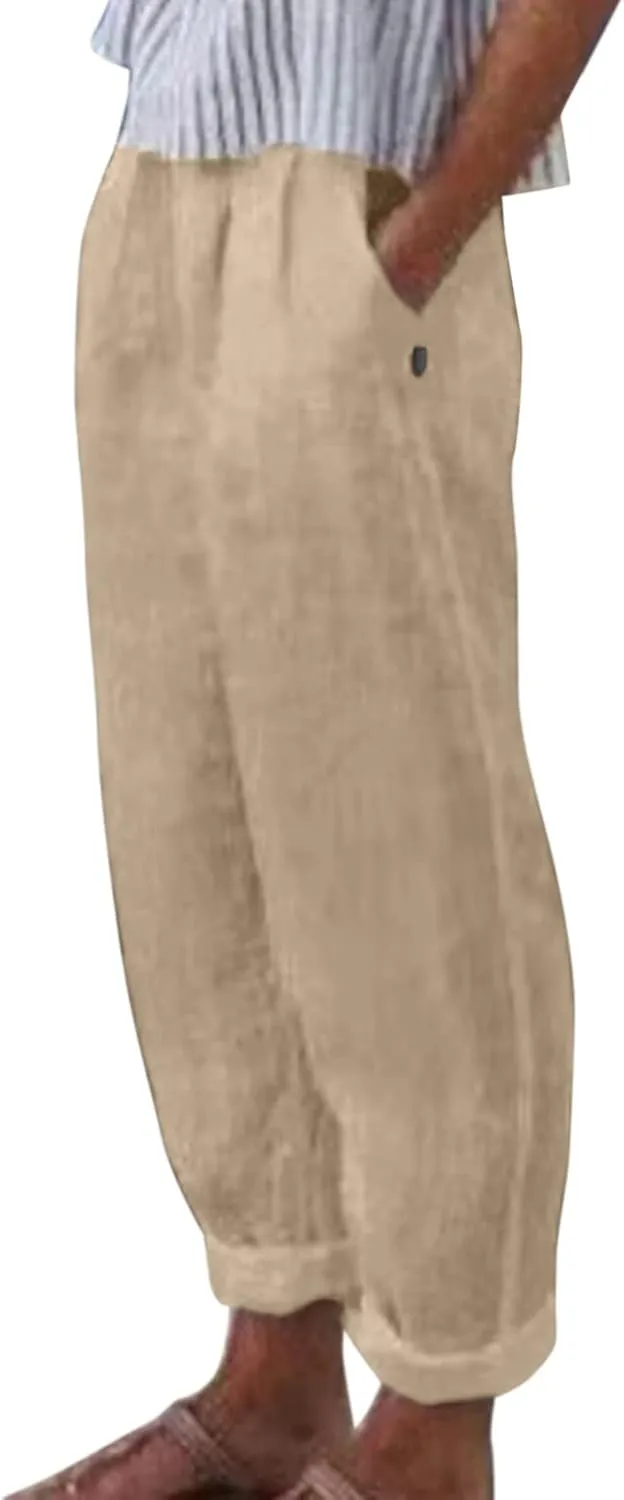 Linen Pants Women High Waist Loose Summer Beach Pants Casual Lightweight Drawstring Lounge Trousers with Pockets