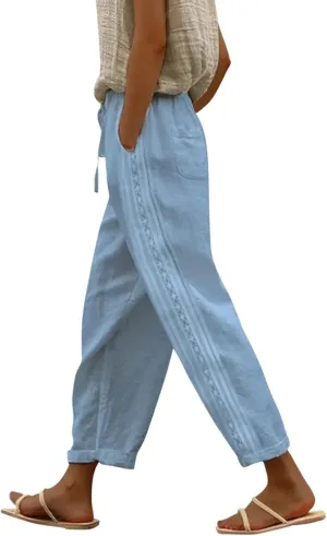Linen Pants Women High Waisted Petite Womens Linen Pants Summer Casual Capri Pants with Pockets High Waisted Trousers Boho Clothes for Women Casual Linen Elastic Waist Tapered Trousers