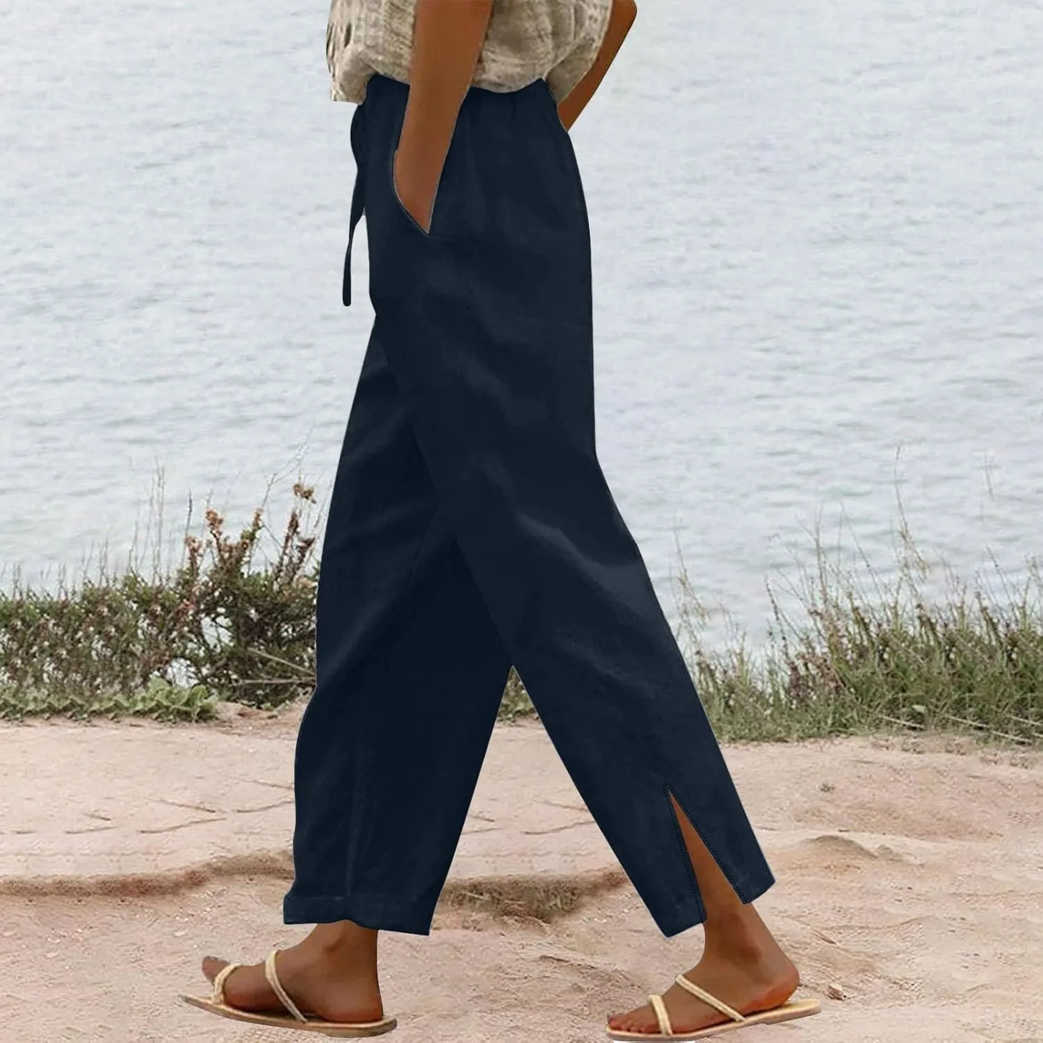 Linen Pants Women Summer Beach Elastic High Waist Lounge Pant Straight Leg Casual Loose Lightweight Fashion Trousers