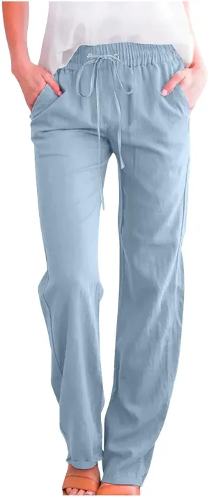 Linen Pants Women Summer Casual Straight Leg Pants Trendy Drawstring Waist Loose Beach Trousers Lounge Palazzo