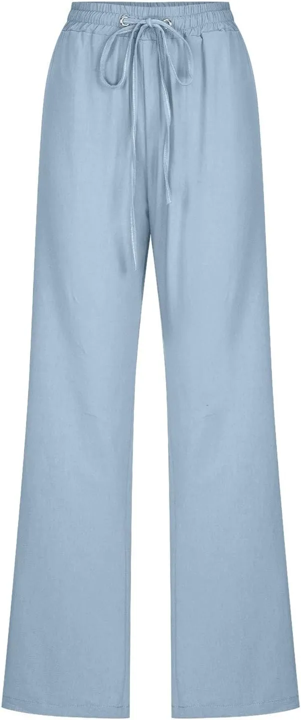 Linen Pants Women Summer Casual Straight Leg Pants Trendy Drawstring Waist Loose Beach Trousers Lounge Palazzo