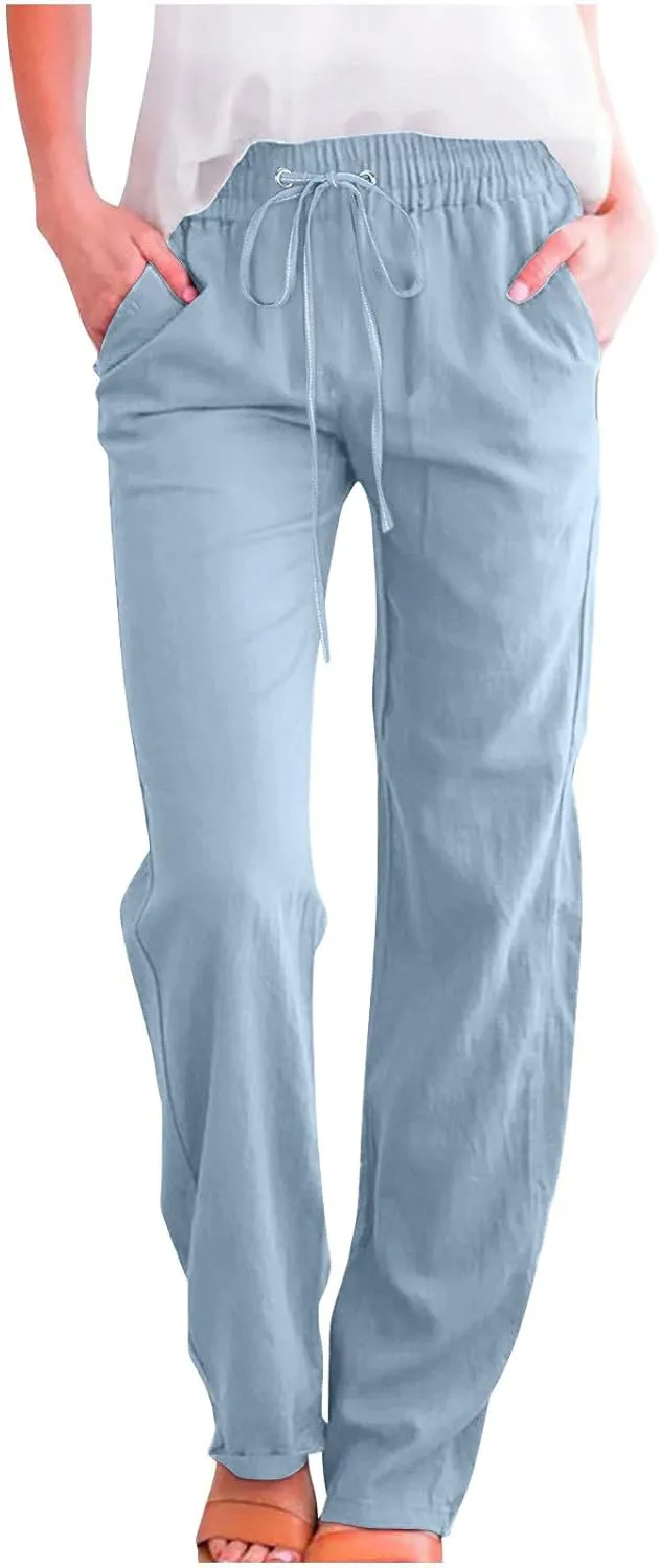 Linen Pants Women Summer Casual Straight Leg Pants Trendy Drawstring Waist Loose Beach Trousers Lounge Palazzo