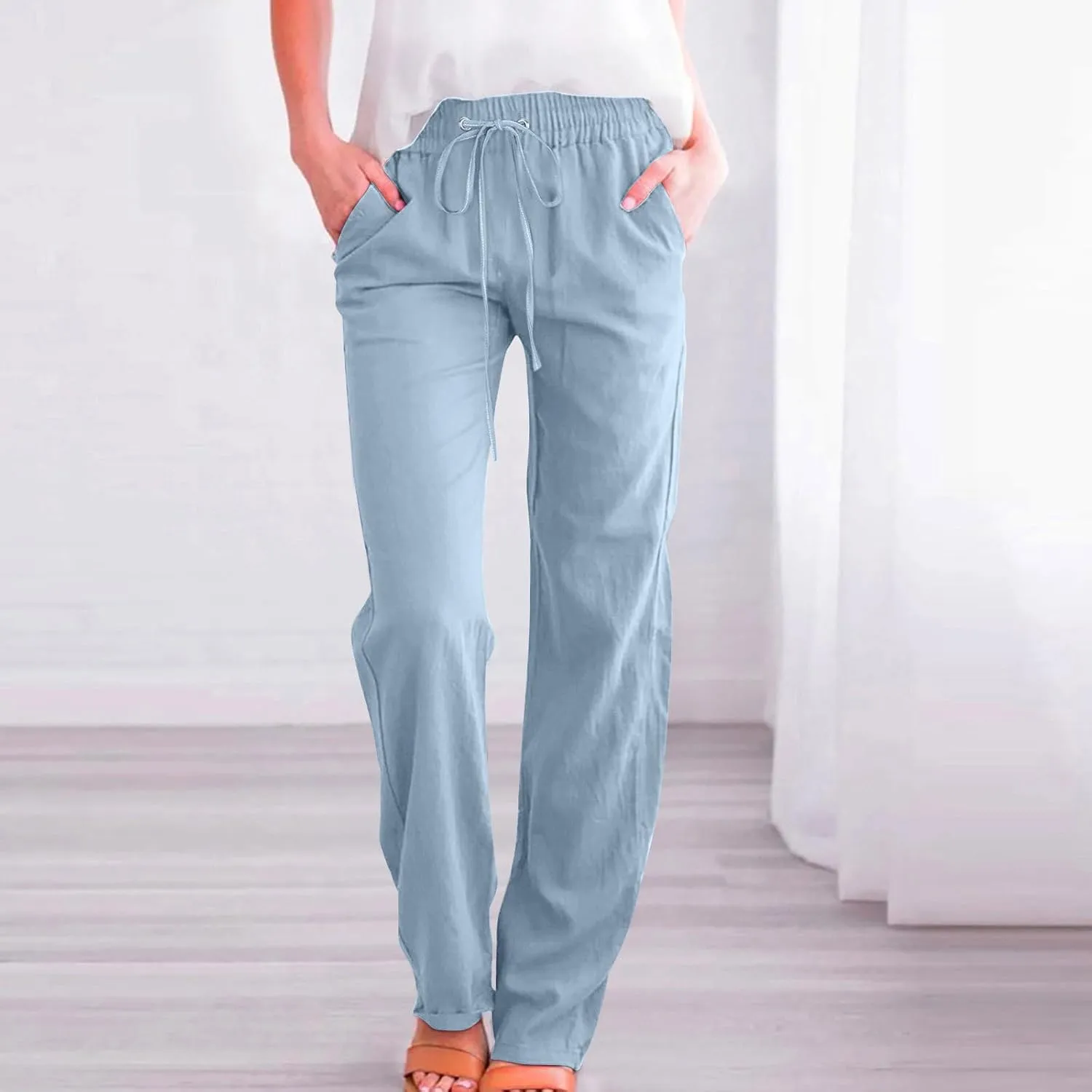 Linen Pants Women Summer Casual Straight Leg Pants Trendy Drawstring Waist Loose Beach Trousers Lounge Palazzo