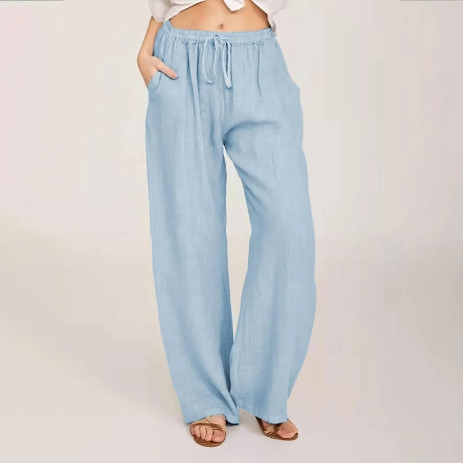 Linen Pants Women Summer High Waisted Pants Casual Wide Leg Pant Drawstring Elastic Waist Pant Flowy Beach Trousers