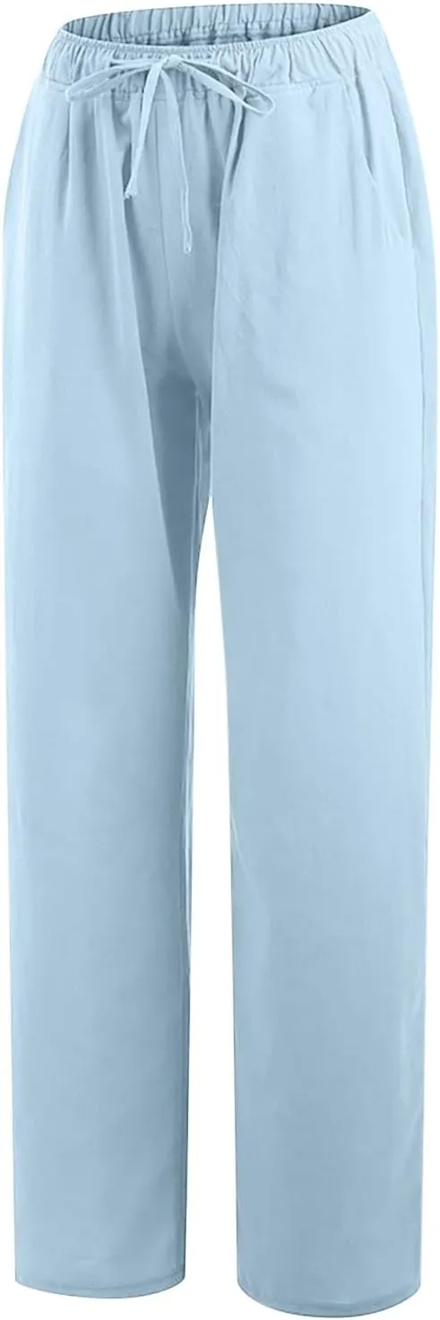 Linen Pants Women Summer High Waisted Pants Casual Wide Leg Pant Drawstring Elastic Waist Pant Flowy Beach Trousers