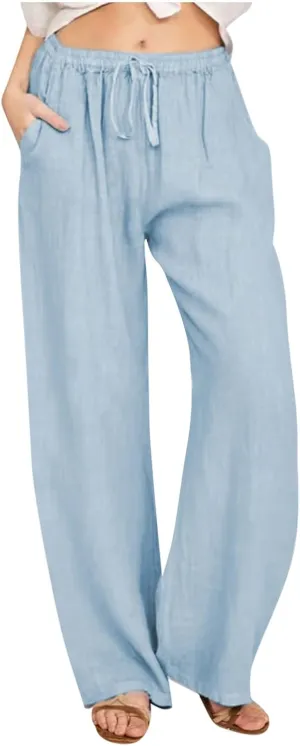 Linen Pants Women Summer High Waisted Pants Casual Wide Leg Pant Drawstring Elastic Waist Pant Flowy Beach Trousers