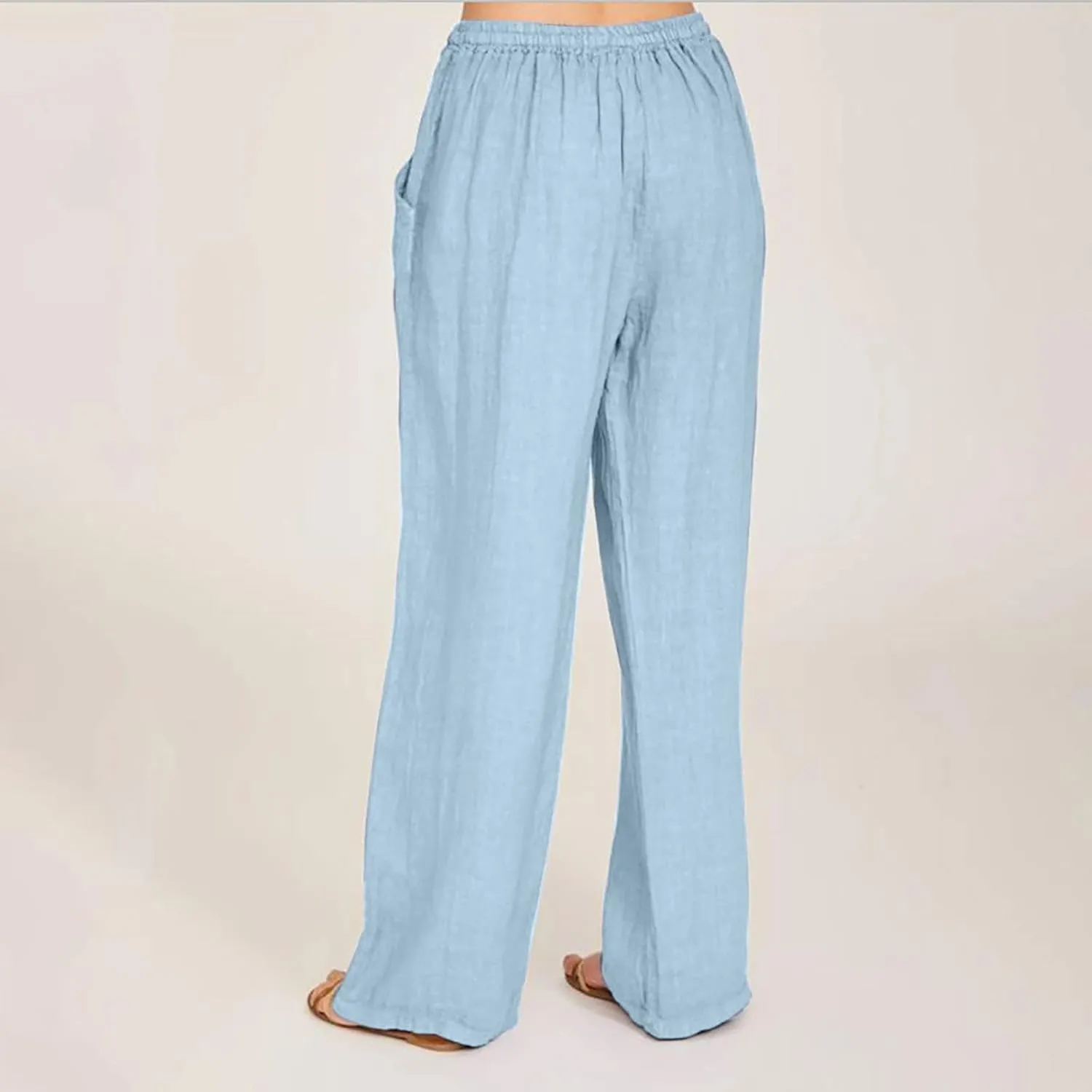 Linen Pants Women Summer High Waisted Pants Casual Wide Leg Pant Drawstring Elastic Waist Pant Flowy Beach Trousers