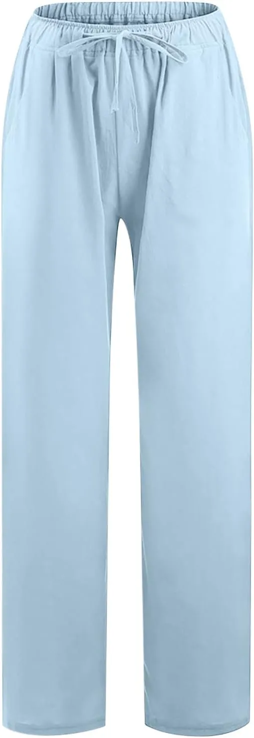 Linen Pants Women Summer High Waisted Pants Casual Wide Leg Pant Drawstring Elastic Waist Pant Flowy Beach Trousers