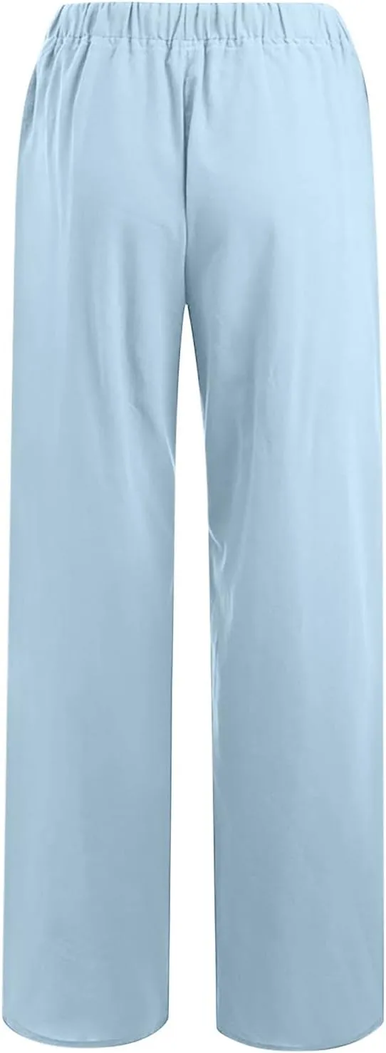 Linen Pants Women Summer High Waisted Pants Casual Wide Leg Pant Drawstring Elastic Waist Pant Flowy Beach Trousers