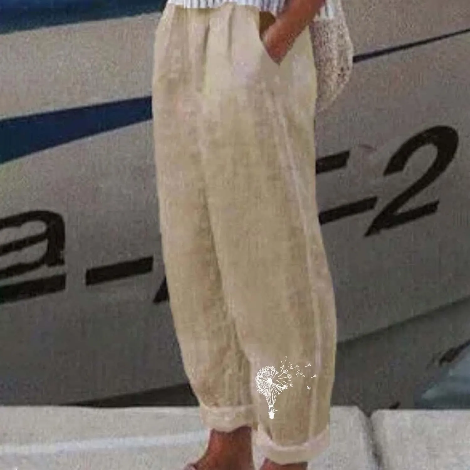 Linen Pants Women Trendy Heart Print Loose Fit Beach Trousers Summer Casual Elastic High Waist Pant Lounge Palazzo