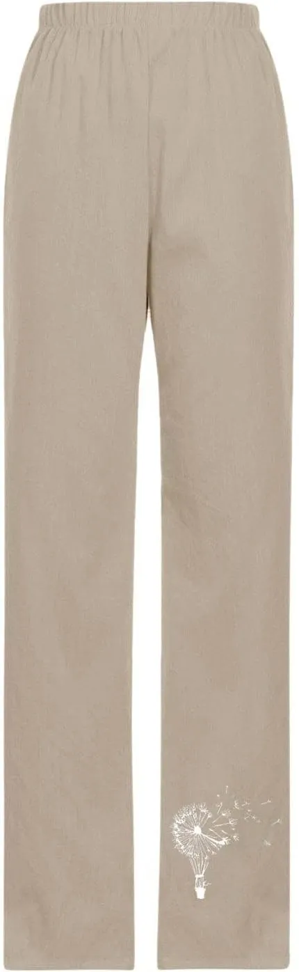 Linen Pants Women Trendy Heart Print Loose Fit Beach Trousers Summer Casual Elastic High Waist Pant Lounge Palazzo
