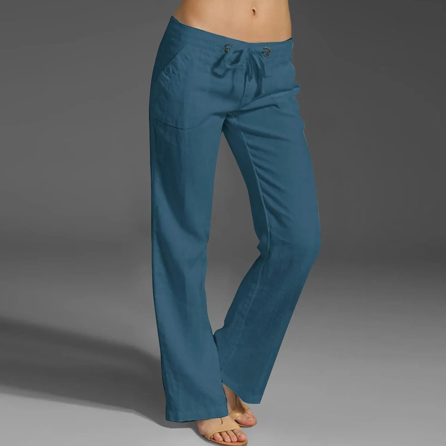 Linen Womens Pants Casual High Waisted Drawstring Casual Loose Summer Baggy Flowy Lounge Cropped Trousers with Pockets