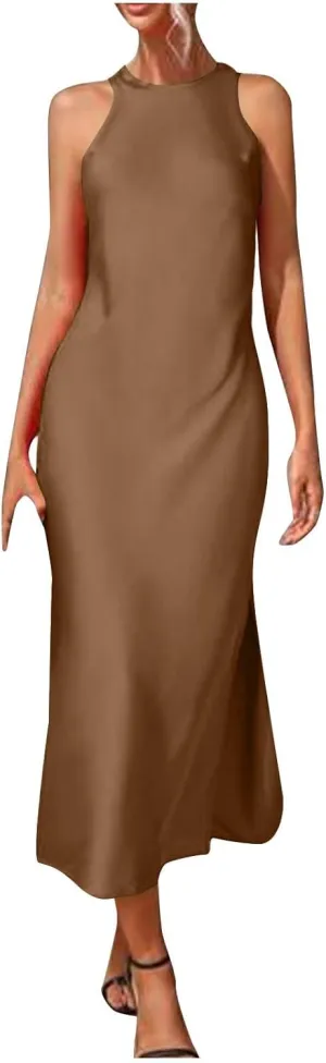 Lmdudan Women's Bodycon Maxi Dresses Satin Lounge Tank Long Dresses Elegant Halter Neck Casual Sleeveless Summer Dress