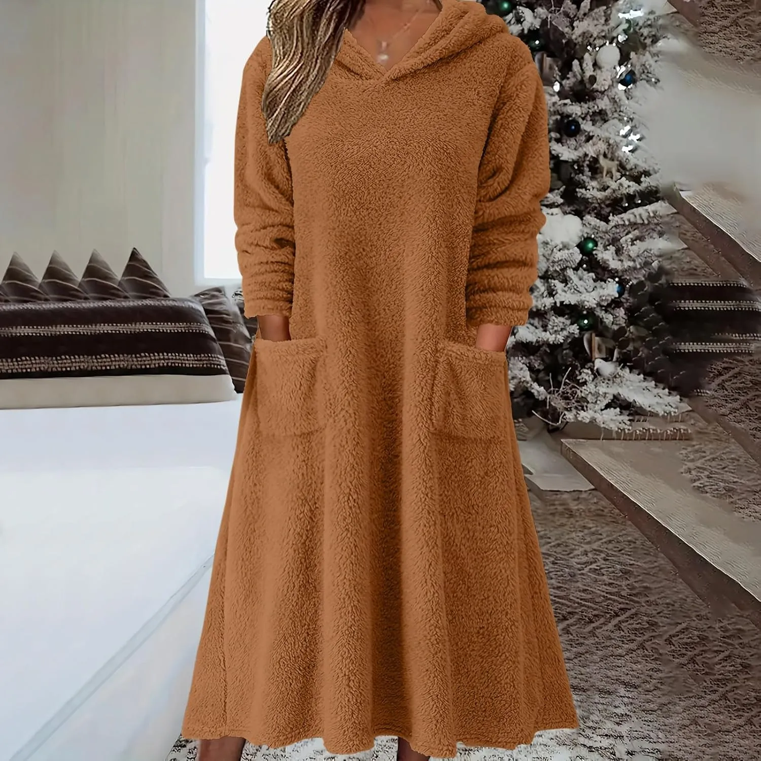 Long Sleeve Dress for Women 2024 Winter Warm Fluffy Fuzzy Hooded Dress Casual Plush Midi Dress Nightgown with Pockets