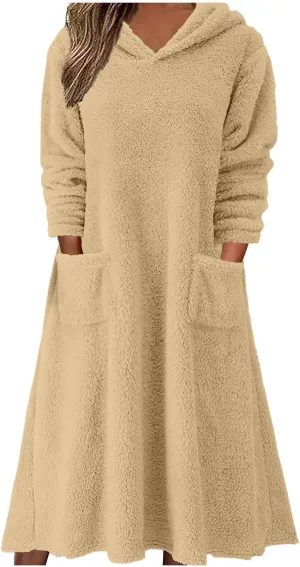 Long Sleeve Dress for Women 2024 Winter Warm Fluffy Fuzzy Hooded Dress Casual Plush Midi Dress Nightgown with Pockets