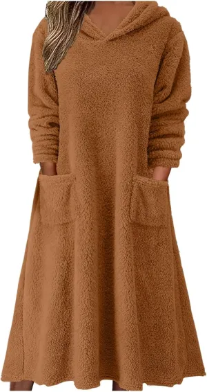 Long Sleeve Dress for Women 2024 Winter Warm Fluffy Fuzzy Hooded Dress Casual Plush Midi Dress Nightgown with Pockets