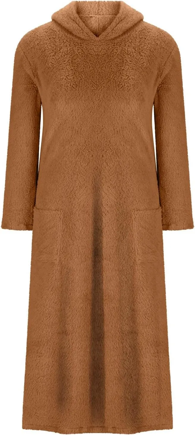 Long Sleeve Dress for Women 2024 Winter Warm Fluffy Fuzzy Hooded Dress Casual Plush Midi Dress Nightgown with Pockets
