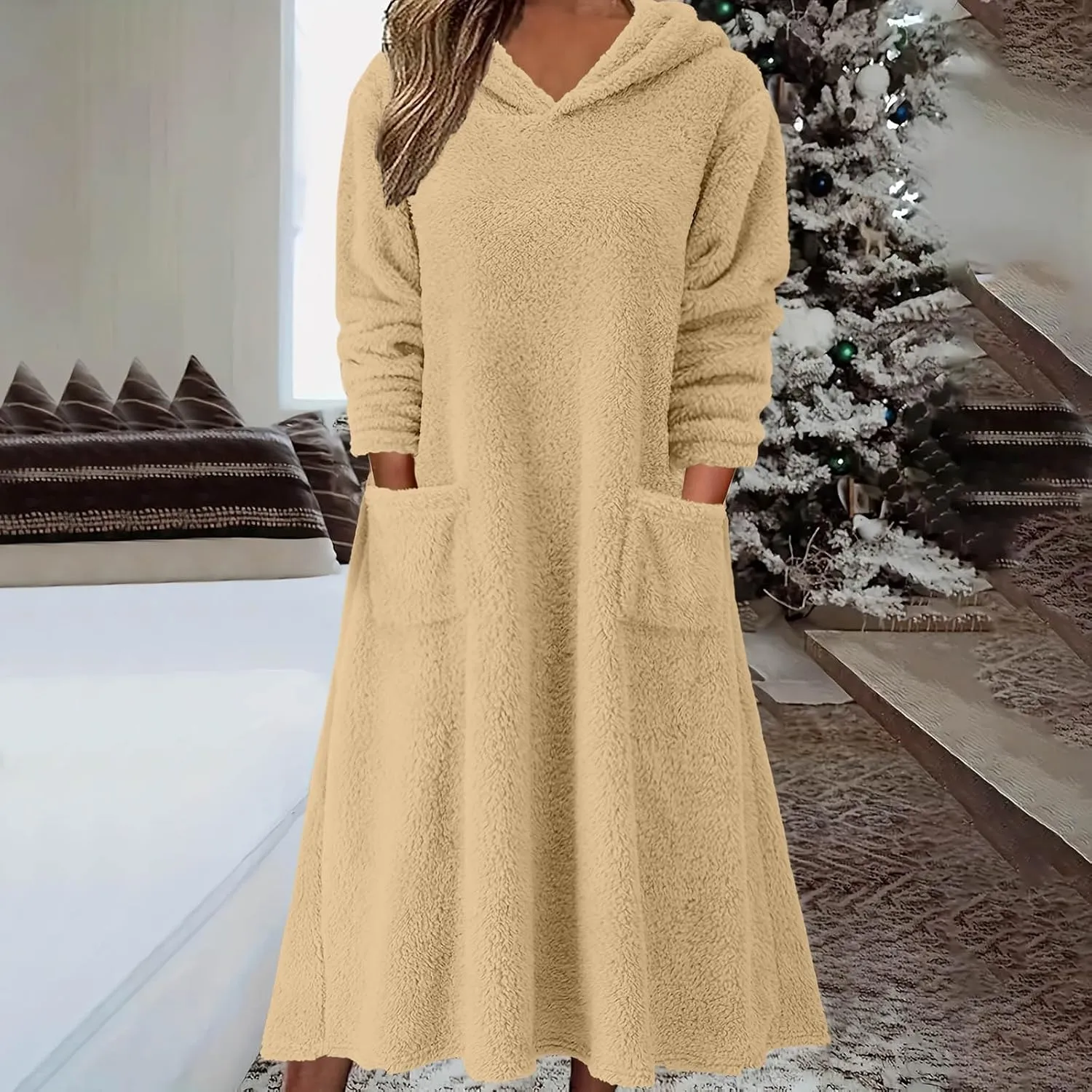 Long Sleeve Dress for Women 2024 Winter Warm Fluffy Fuzzy Hooded Dress Casual Plush Midi Dress Nightgown with Pockets