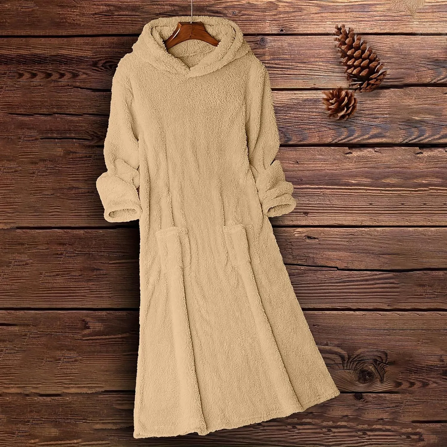 Long Sleeve Dress for Women 2024 Winter Warm Fluffy Fuzzy Hooded Dress Casual Plush Midi Dress Nightgown with Pockets
