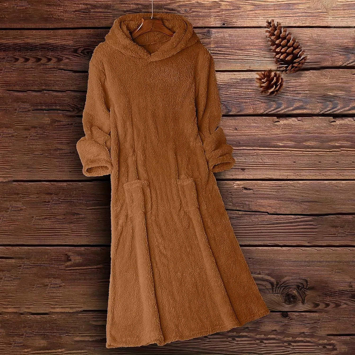 Long Sleeve Dress for Women 2024 Winter Warm Fluffy Fuzzy Hooded Dress Casual Plush Midi Dress Nightgown with Pockets