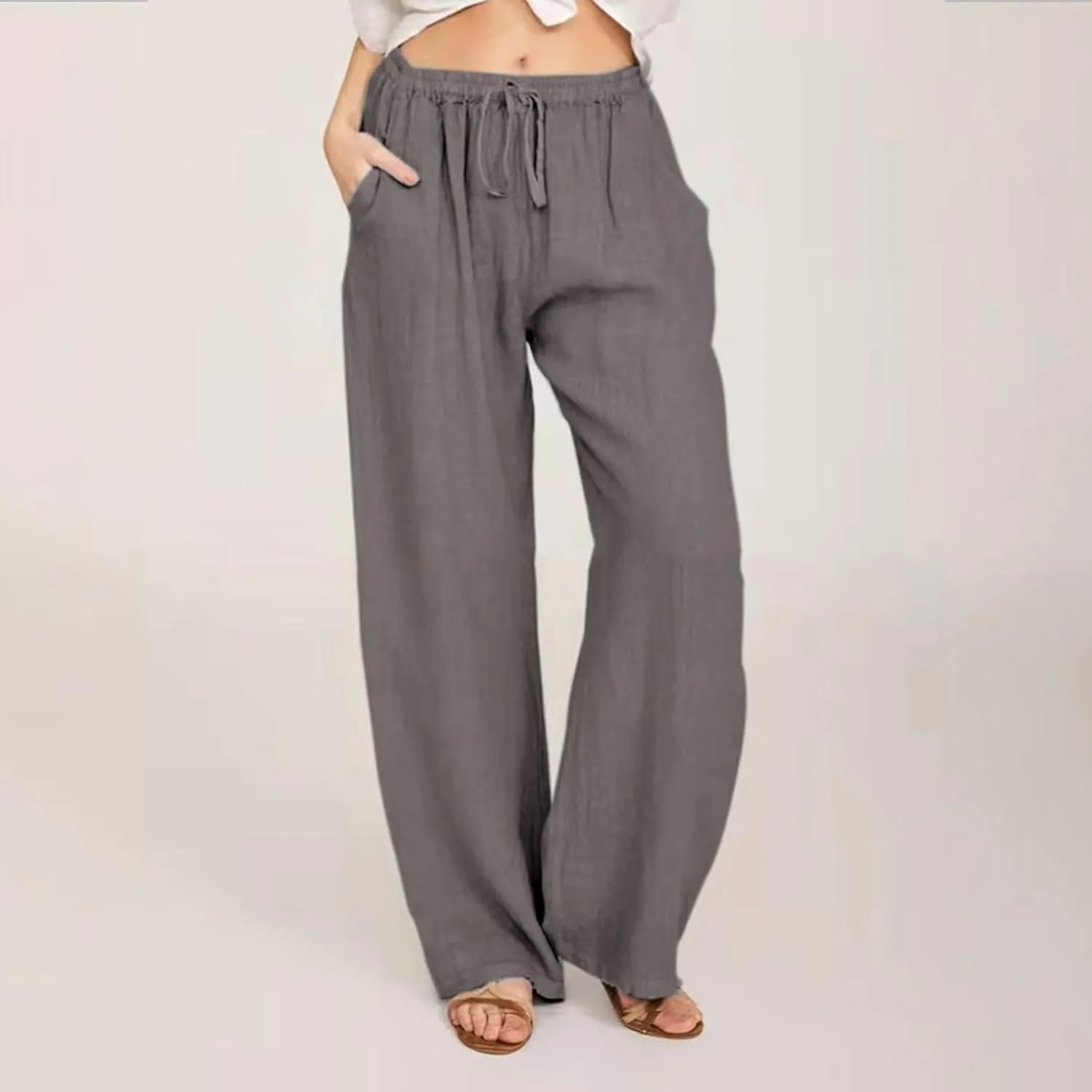 Loose Pants for Women Baggy Wide Leg Trouser Flowy Summer Linen Slacks Comfy Business Casual Pants with Pockets