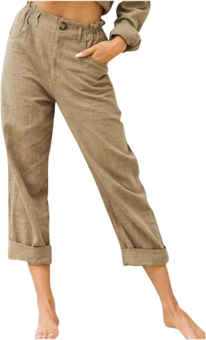 Lpmadey Womens Cotton Linen Pants Casual Elastic Waist High Rise Capris Pant Summer Loose Comfy Straight Leg Cropped Trousers Khaki