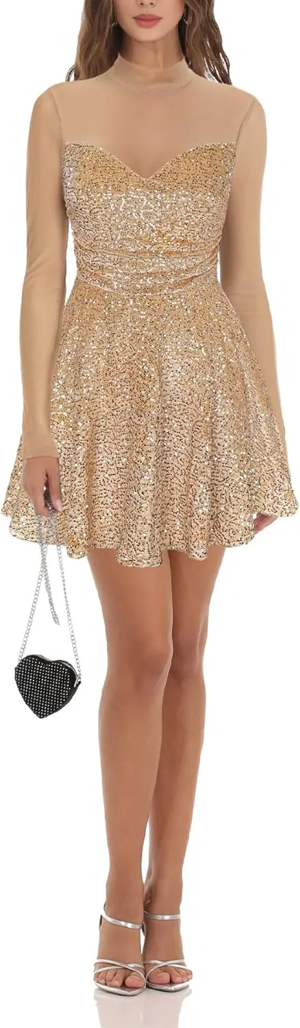 Lrady Women's Sequin Glitter V Neck Skater Mini Club Cocktail Party Swing Dress