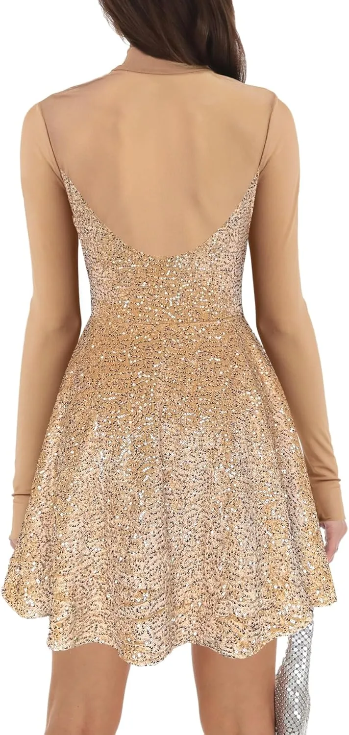 Lrady Women's Sequin Glitter V Neck Skater Mini Club Cocktail Party Swing Dress