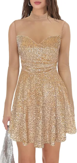 Lrady Women's Sequin Glitter V Neck Skater Mini Club Cocktail Party Swing Dress