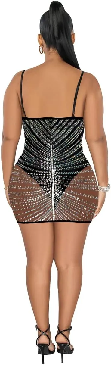 Lrady Women's Sexy Bodycon Spaghetti Strap Backless Sparkly See Through Mesh Mini Dresses for Birthday Club Party Homecoming