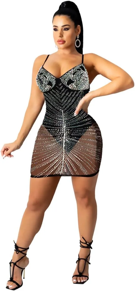 Lrady Women's Sexy Bodycon Spaghetti Strap Backless Sparkly See Through Mesh Mini Dresses for Birthday Club Party Homecoming