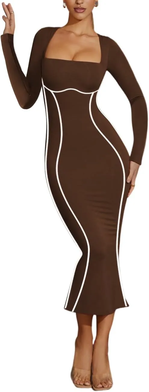 Lrady Women's Square Neck Dresses Long Sleeve Contrast Binding Split Bodycon Mermaid Evening Cocktail Party Dress