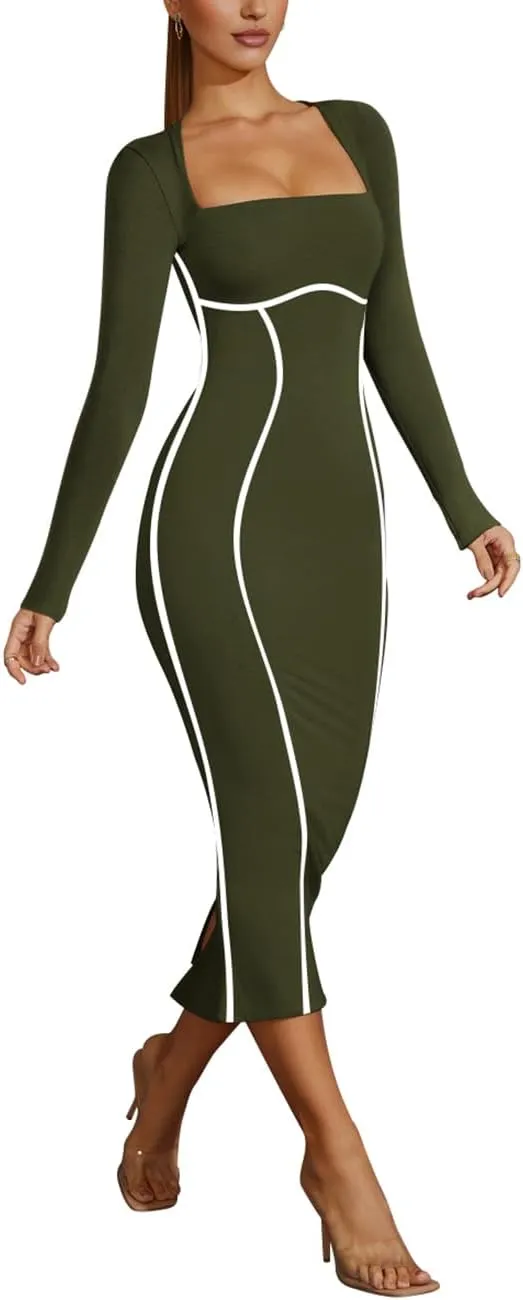 Lrady Women's Square Neck Dresses Long Sleeve Contrast Binding Split Bodycon Mermaid Evening Cocktail Party Dress