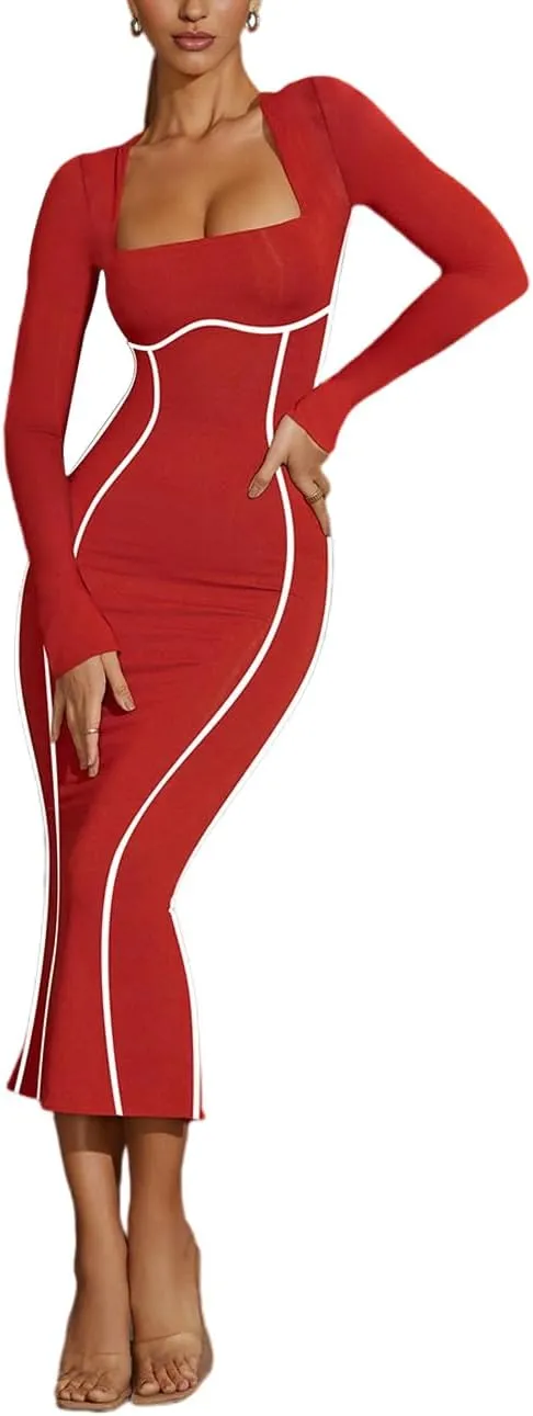 Lrady Women's Square Neck Dresses Long Sleeve Contrast Binding Split Bodycon Mermaid Evening Cocktail Party Dress