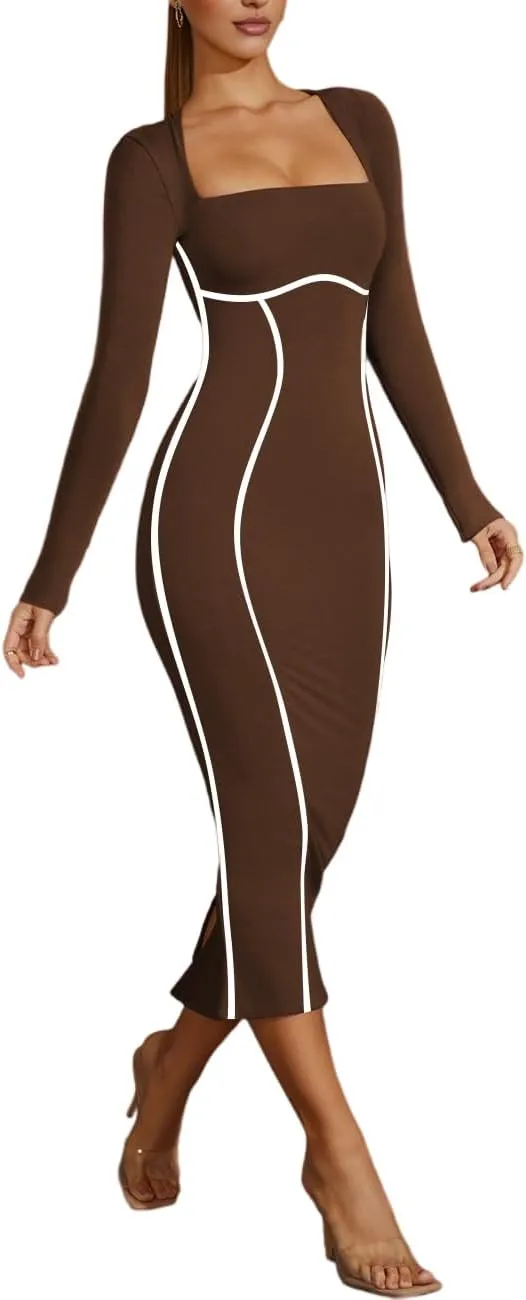 Lrady Women's Square Neck Dresses Long Sleeve Contrast Binding Split Bodycon Mermaid Evening Cocktail Party Dress