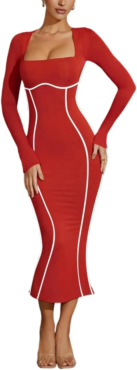 Lrady Women's Square Neck Dresses Long Sleeve Contrast Binding Split Bodycon Mermaid Evening Cocktail Party Dress