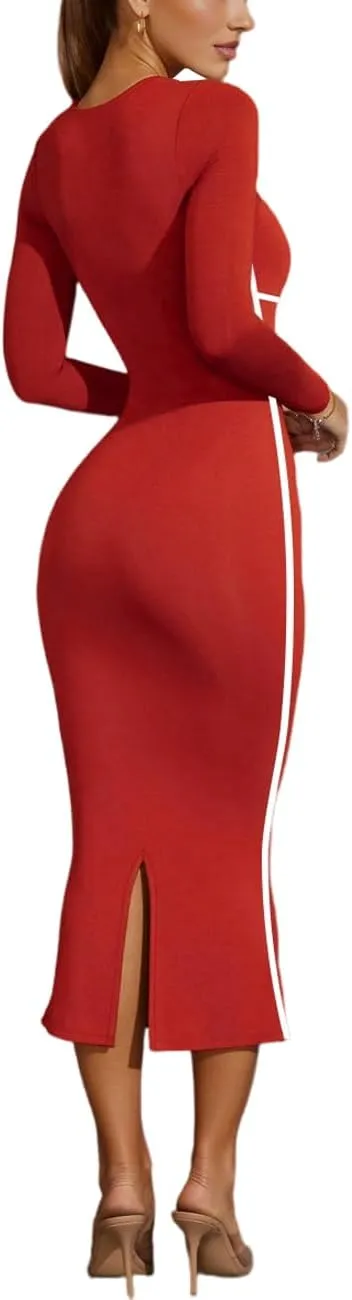 Lrady Women's Square Neck Dresses Long Sleeve Contrast Binding Split Bodycon Mermaid Evening Cocktail Party Dress