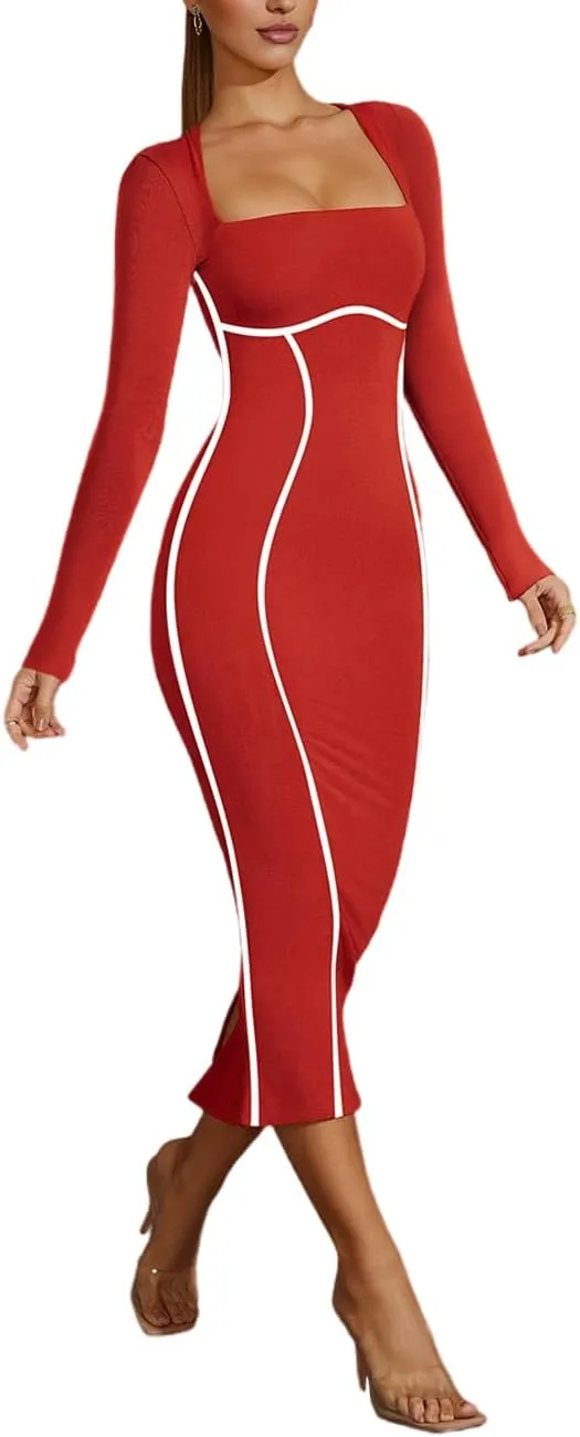 Lrady Women's Square Neck Dresses Long Sleeve Contrast Binding Split Bodycon Mermaid Evening Cocktail Party Dress