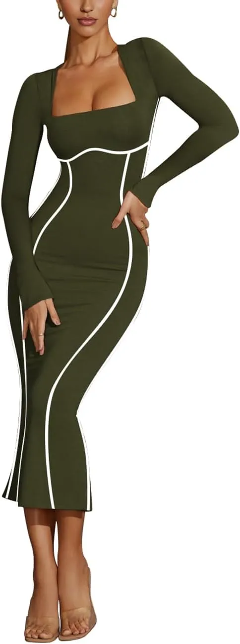 Lrady Women's Square Neck Dresses Long Sleeve Contrast Binding Split Bodycon Mermaid Evening Cocktail Party Dress