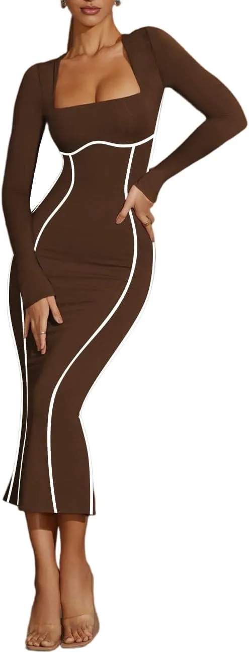 Lrady Women's Square Neck Dresses Long Sleeve Contrast Binding Split Bodycon Mermaid Evening Cocktail Party Dress