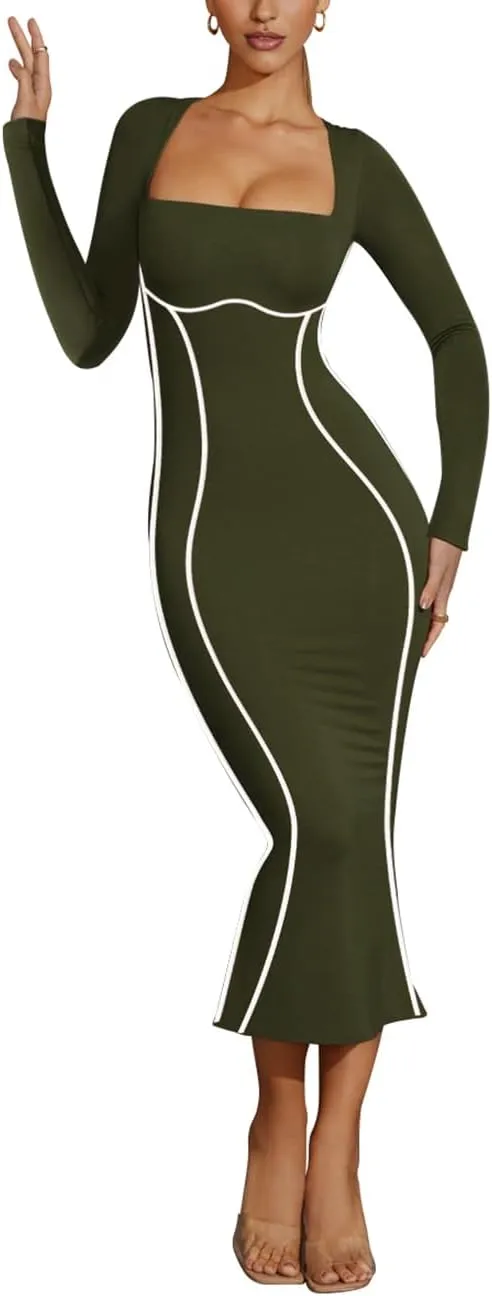 Lrady Women's Square Neck Dresses Long Sleeve Contrast Binding Split Bodycon Mermaid Evening Cocktail Party Dress