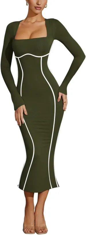 Lrady Women's Square Neck Dresses Long Sleeve Contrast Binding Split Bodycon Mermaid Evening Cocktail Party Dress
