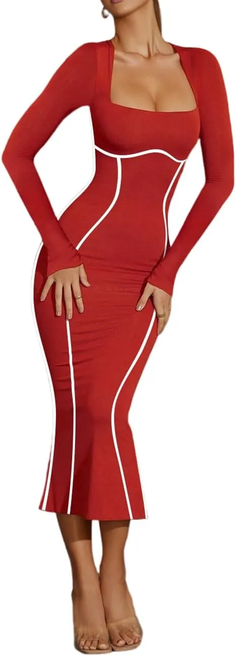 Lrady Women's Square Neck Dresses Long Sleeve Contrast Binding Split Bodycon Mermaid Evening Cocktail Party Dress