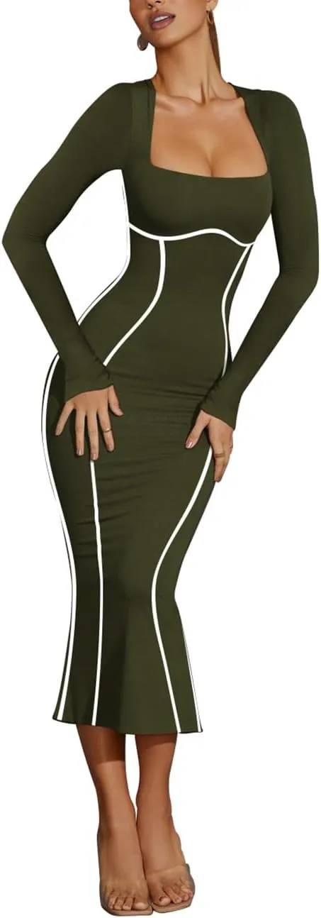 Lrady Women's Square Neck Dresses Long Sleeve Contrast Binding Split Bodycon Mermaid Evening Cocktail Party Dress