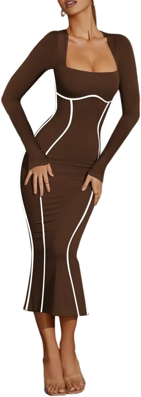 Lrady Women's Square Neck Dresses Long Sleeve Contrast Binding Split Bodycon Mermaid Evening Cocktail Party Dress
